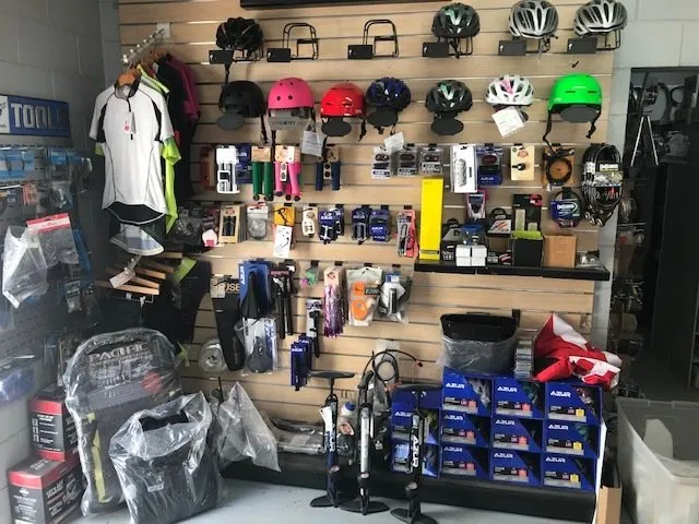 Bike helmets, accessories and cycling gear on display in our Bowen store