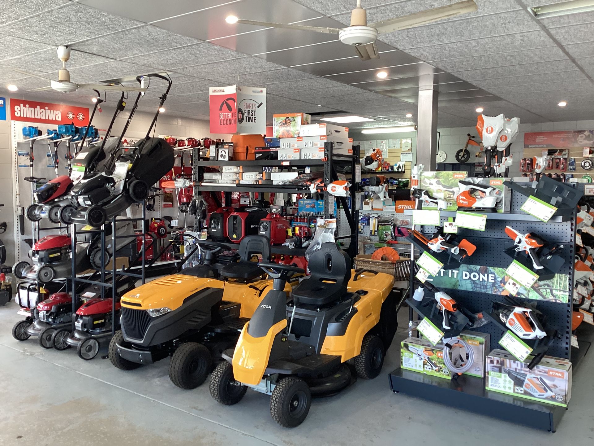 Lawn mowers, ride-on mowers and garden equipment inside our Bowen small engines store